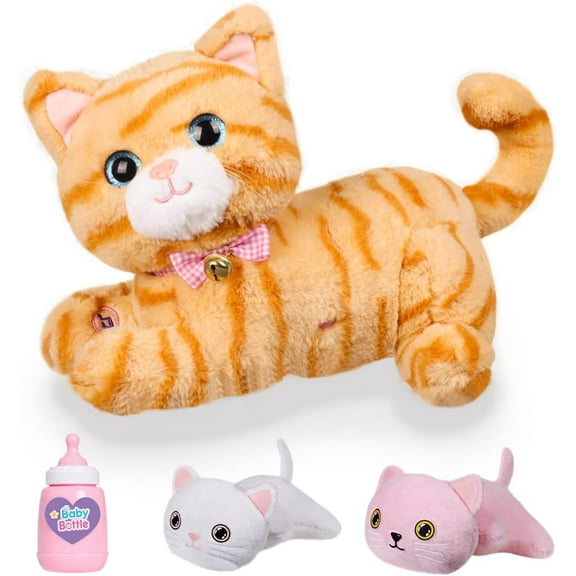 Plush Kitty Mommy Cat with 2 Little Plush Baby Kittens Christmas and Birthday Gifts for Girls/Boys Ages 3 4 5 6 7 8 Years-Plush Cat Toy Nursing Stuffed Animal Set, Singing, Barking
