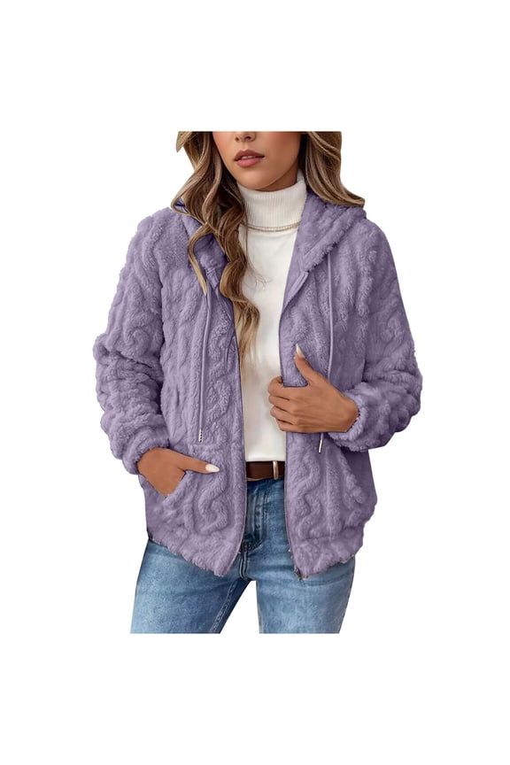 Plush Knit Jackets For Women Hooded Full Zip Drawstring Cable Knitted Cardigan Fleece Thermal Comfy Coat With Pockets (XXL, Purple)