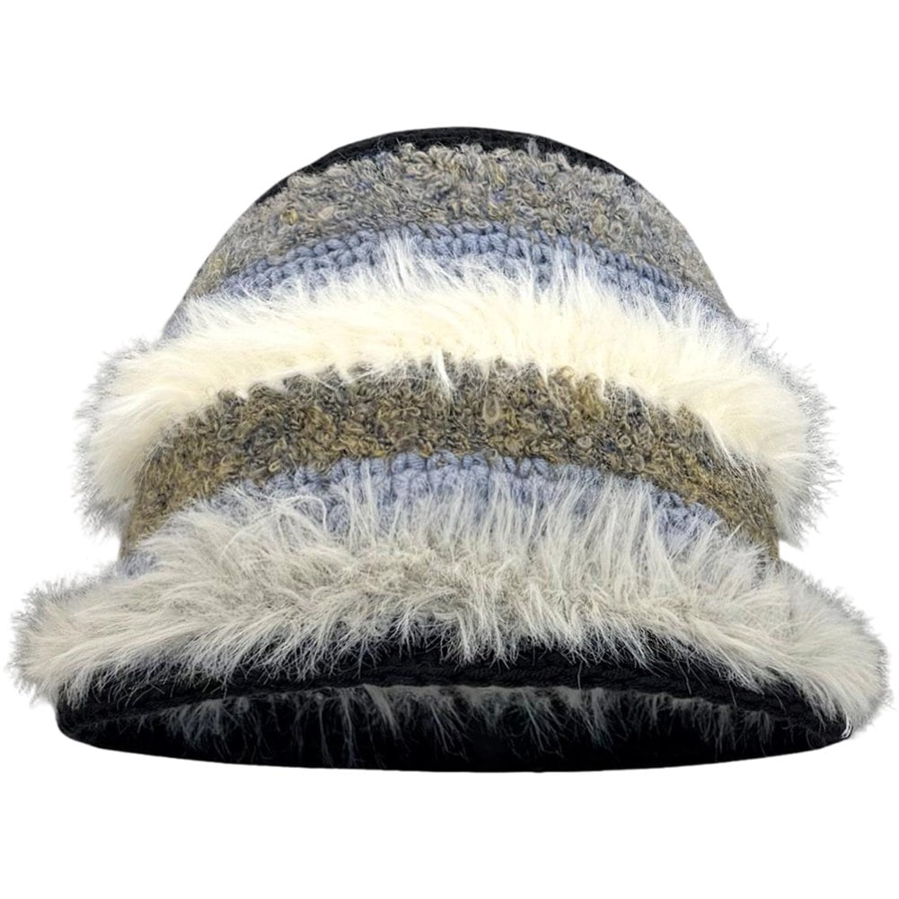 Plush Knitted Bucket Hats Color Blocking Vintage Fisherman's Cap Winter Fluffy Plush Bonnet Hat Foldable Skull Beanie Cap for Women