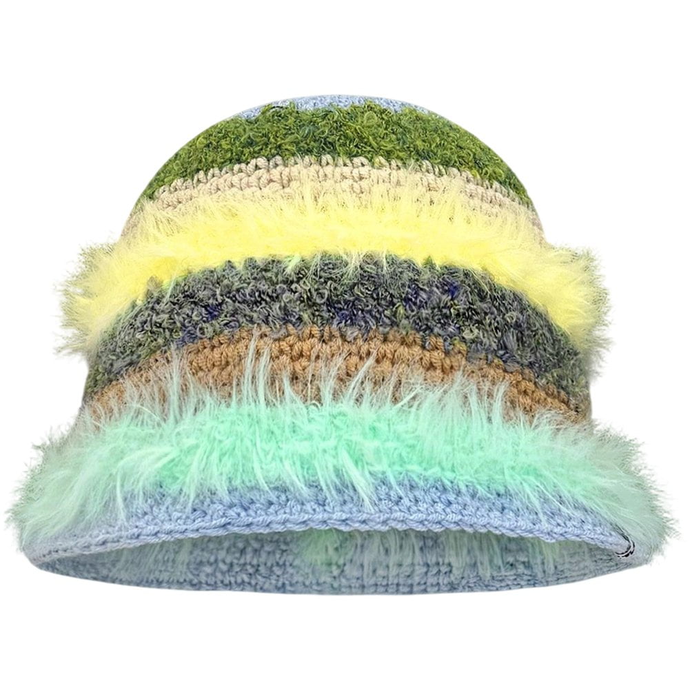 Plush Knitted Bucket Hats Color Blocking Vintage Fisherman's Cap Winter Fluffy Plush Bonnet Hat Foldable Skull Beanie Cap for Women