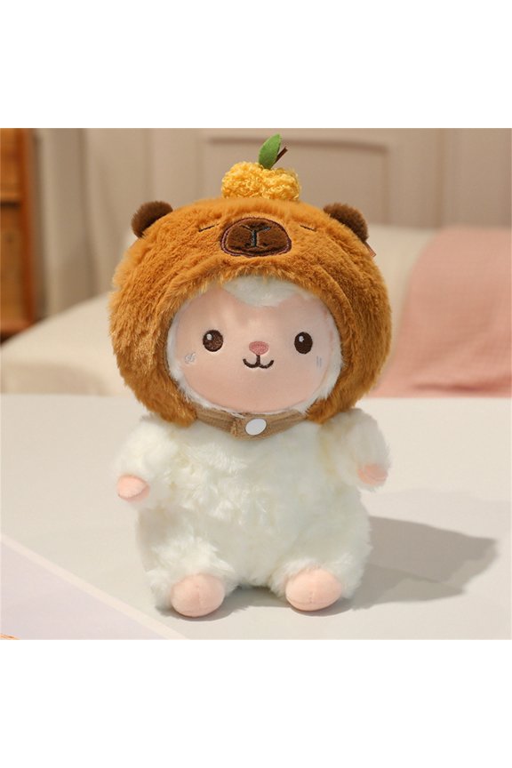 Plush Lamb Doll Toy Soft Stuffed Animal with Brown Bear Costume Hood for Birthday Holiday Gift Cozy Bedside Companion Home Office Decor, 9 Inch