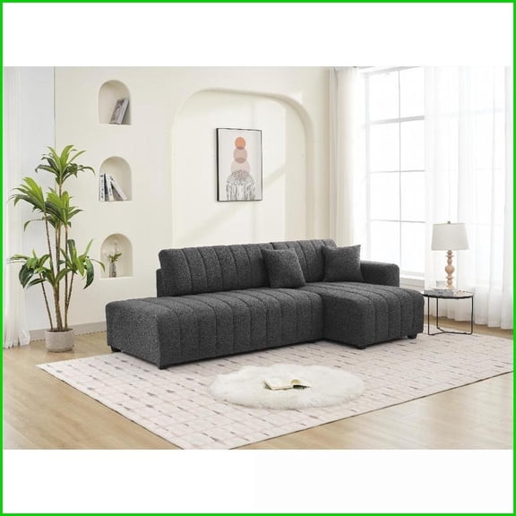 Plush Lamb Wool Right-Facing Sectional Sofa with Chaise for Living Room | Dark Gray | Wool | Cushion Back