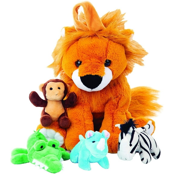 Plush Large Lion Carrier with 4 Mini Plush Animal Sound Toys | Plush Animal Toy Baby Gift | Toddler Gift (Lion Carrier with Animals)