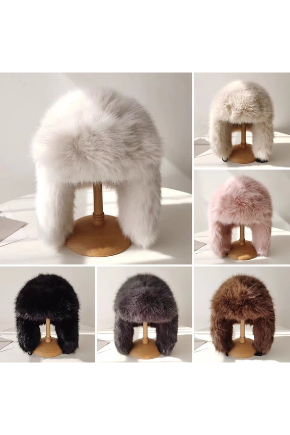Plush Lei Feng Hat Solid Color Women Winter Hat Thermal Faux Fox Fur Beanie Hat with Long Ear Protection
