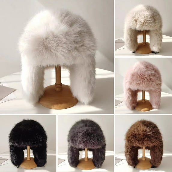 Plush Lei Feng Hat Solid Color Women Winter Hat Thermal Faux Fox Fur Beanie Hat with Long Ear Protection