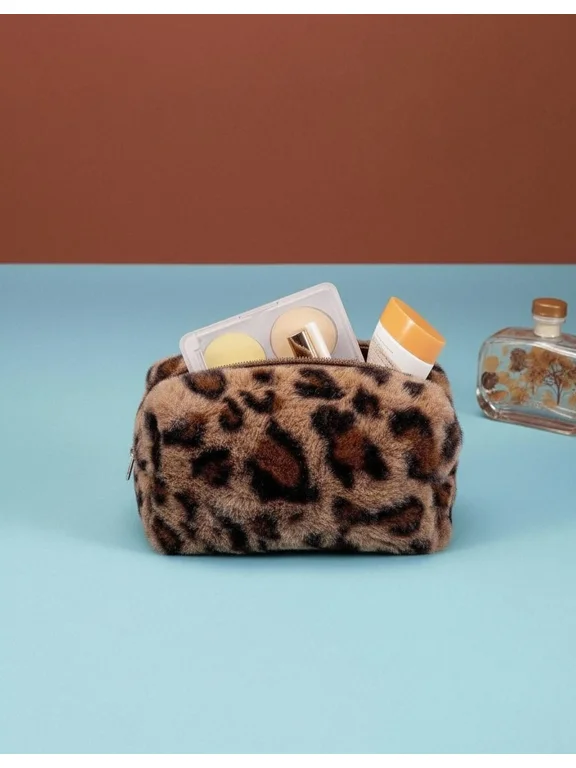 Plush Leopard Print Cosmetic Bag Brown Portable Makeup Organizer