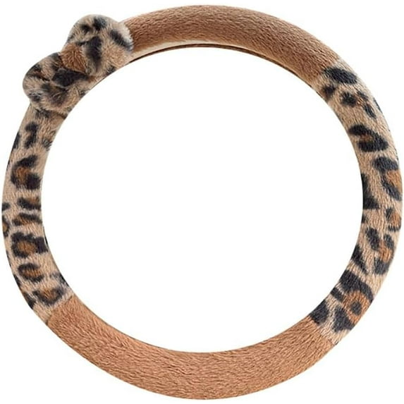 Plush Leopard Print Steering Wheel Cover Fuzzy Bow Tie Brown Universal 15 Inches Car Steering Wheel Protector for Car Accessories Warm Soft Anti-Slip, A