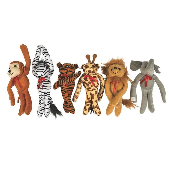 Plush Long Arm Zoo Animal Stuffed Toys, Jungle-Themed and Zoo Birthday Party Supplies, Party Favors, 12 Pieces