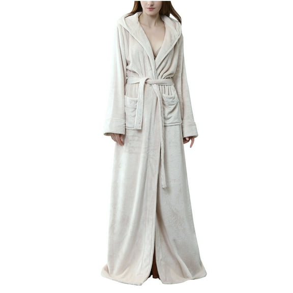 Plush Long Hooded Robe for Women Flannel Fleece Full Length Bathrobe Winter Warm Pajamas Shower Nightgown Housecoat