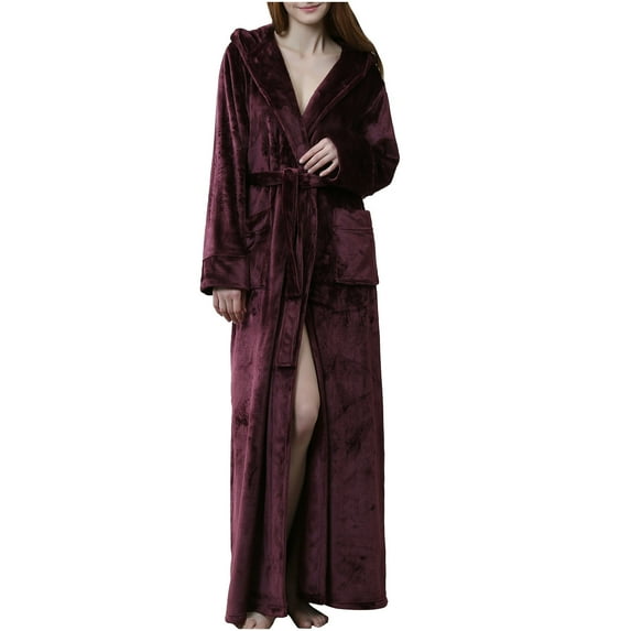 Plush Long Hooded Robe for Women Flannel Fleece Full Length Bathrobe Winter Warm Pajamas Shower Nightgown Housecoat