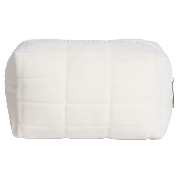 Plush Makeup Bag Cosmetic Bag for Women,Zipper Large Solid Color Travel Toiletry Bag Travel Make Up Toiletry Bag Washing Pouch - White