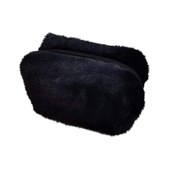 Plush Makeup Bag, Cute Soft Large Capacity Cosmetic Pouch, Zipper Travel Toiletry Bag, Makeup Brushes Storage Bag for Women Girls (1PC, Black)