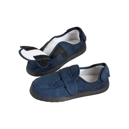 Plush Memory Foam Slippers, Adjustable for Custom Fit, 100% Polyester, Sturdy Rubber Soles, Unisex - Navy Blue, Medium