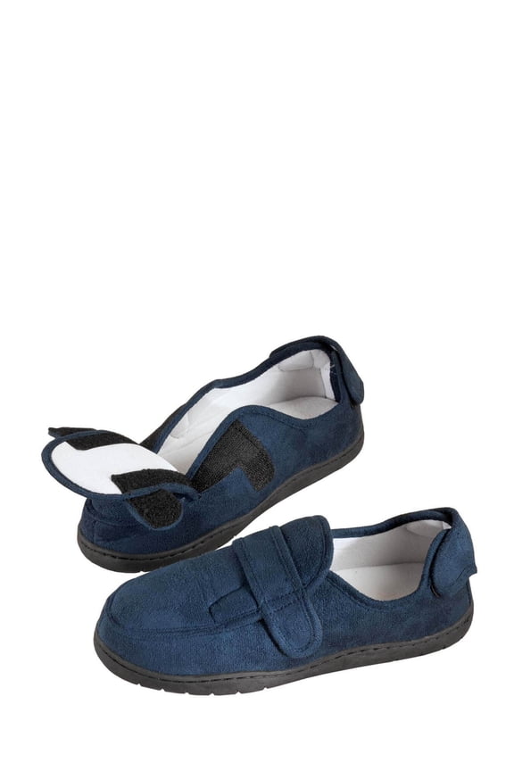 Plush Memory Foam Slippers, Adjustable for Custom Fit, 100% Polyester, Sturdy Rubber Soles, Unisex - Navy Blue, Large