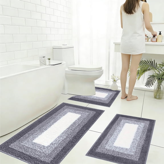 Plush Microfiber Bath Mat Set, 3 Piece Ultra Soft Bathroom Rugs with Contour U-Shaped Toilet Carpet, Super Absorbent Machine Washable Cushion Shower Mats, Floor Protection for Toilet Tub Restroom