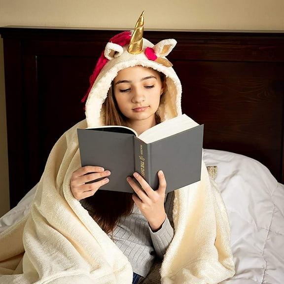 Plush Minky Hooded Unicorn Blanket for Kids, Teens, and Adults, Pink Flower and Gold Sparkles - Ruby Wrap