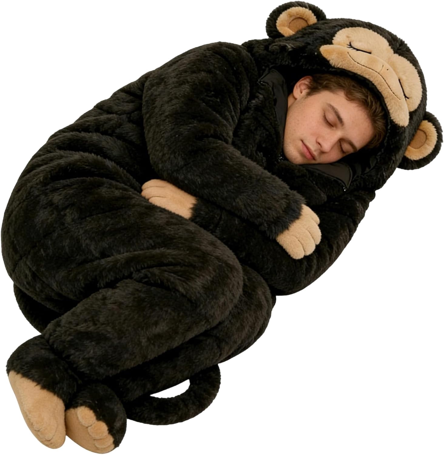 Plush Monkey Sleeping Bag for Adults, Cold Weather Soft Plush Blanket Bag with Tail, for Men Women Travel Indoor Outdoor Backpacking Hiking Reading Watching TV(Black)
