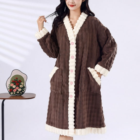 Plush Nightgown Women Thermal Soft Comfy Fall Winter Home Wear Long Sleeve Button Down Color Block Pajama With Pockets (Free Size, Brown)