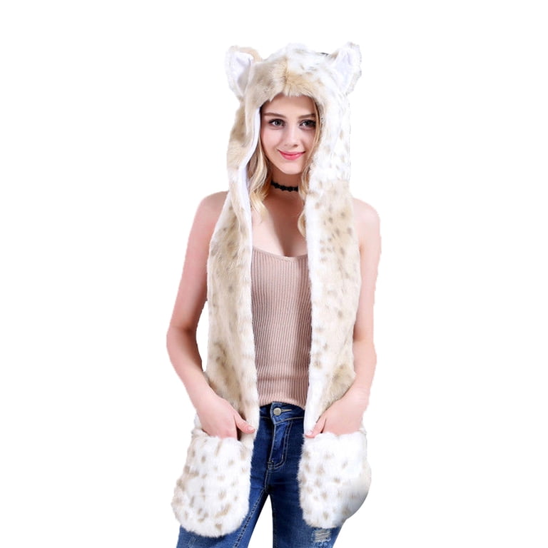 Plush Faux Fur Full Animal Hood Hat with Scarf 3 in 1 Winter Novelty Costume Plush Novelty Animal Hat,3 in 1 Function Faux Fur Full  main image 3