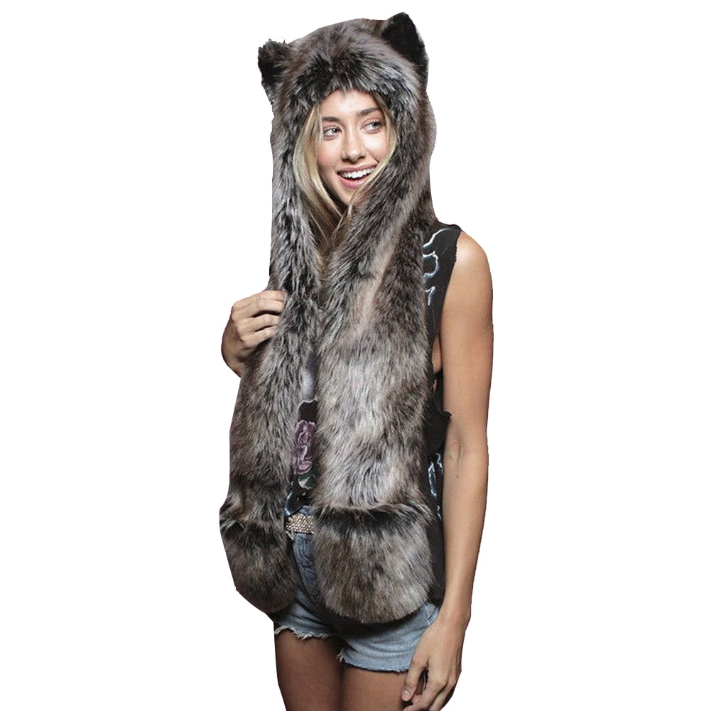 Plush Faux Fur Full Animal Hood Hat with Scarf 3 in 1 Winter Novelty Costume Plush Novelty Animal Hat,3 in 1 Function Faux Fur Full  main image 4