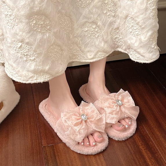 Plush Open Toe House Slides for Women with Sparkly Tulle Bow Lightweight Flat Indoor Slippers Pink 36