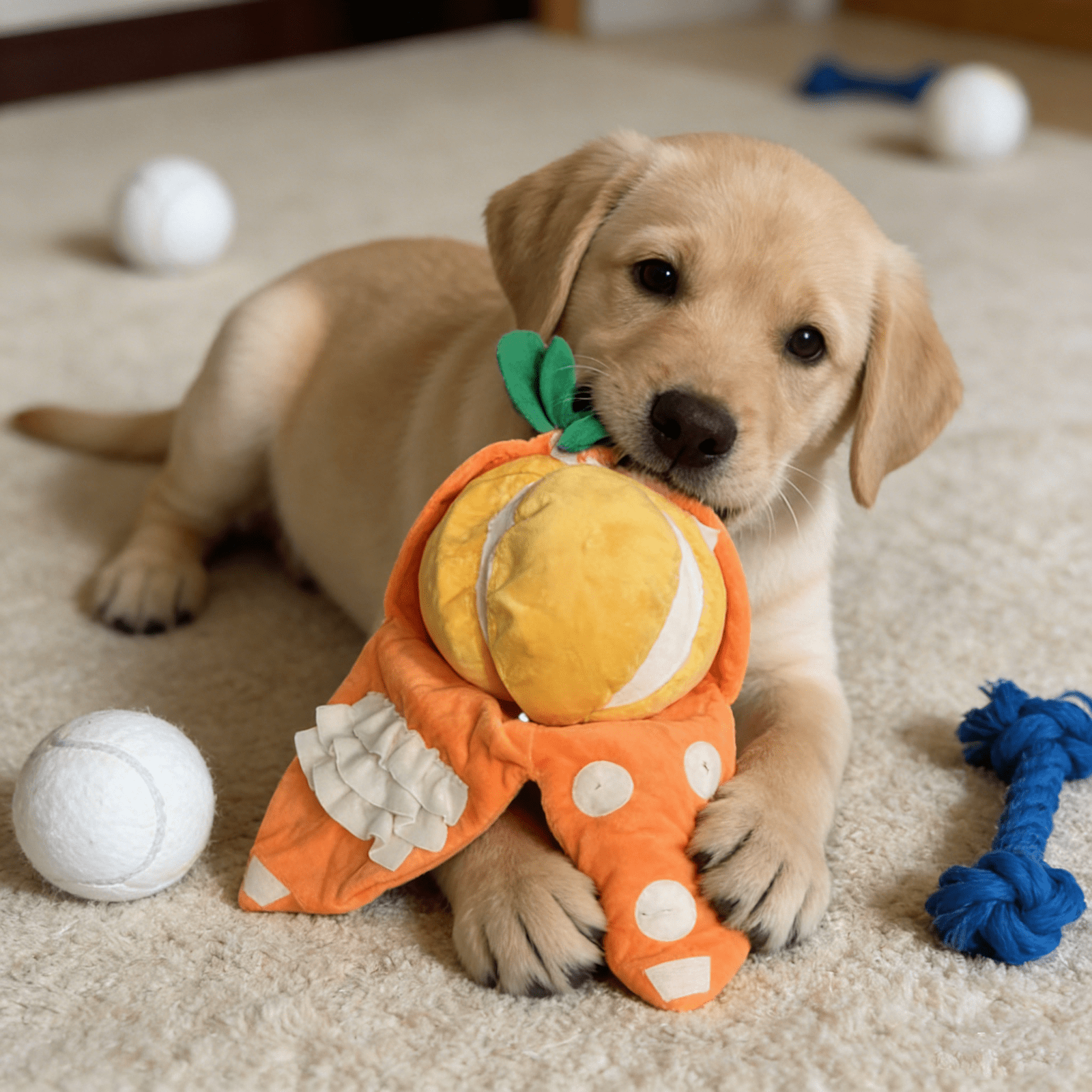 Plush Orange Dog Toy with Crinkle Sound, Soft Stuffed Puppy Chew Toy with Squeaker, Interactive Pet Plaything for Small Medium Dogs Indoor Outdoor Play -