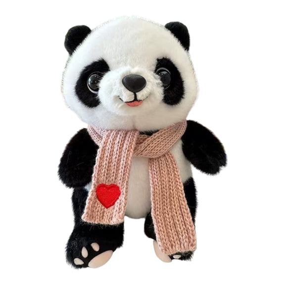Plush Panda Stuffed Animal, Sitting Realistic Panda with Pink Knit Scarf, 1 Piece Soft Cuddly Toy for Kids Bedroom Nap Time Decor, Cute Birthday Holiday Gift for Panda Lovers