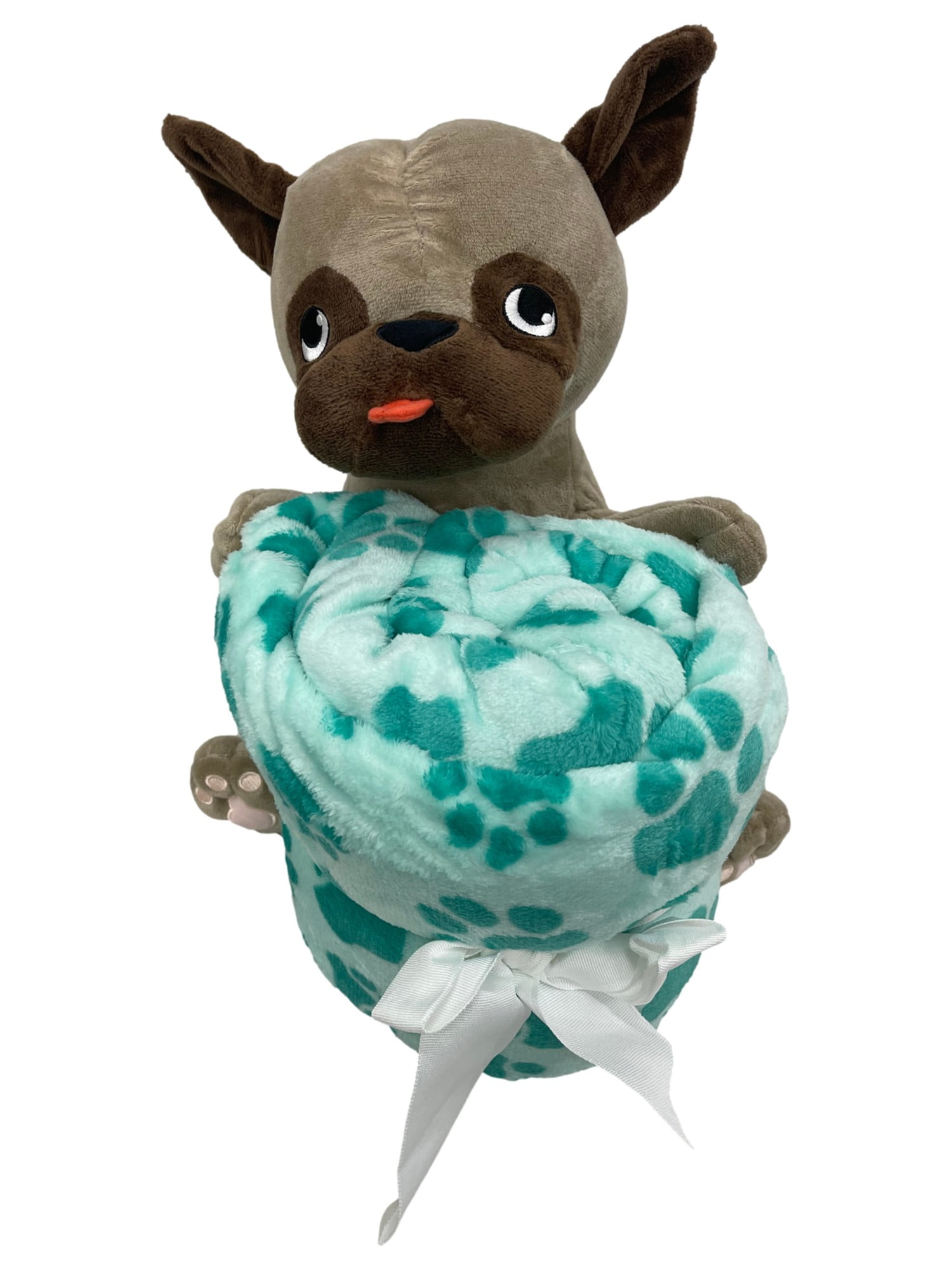 Plush Paw Print Throw Blanket & 12" Pug Puppy Dog Stuffed Animal 2 Pc