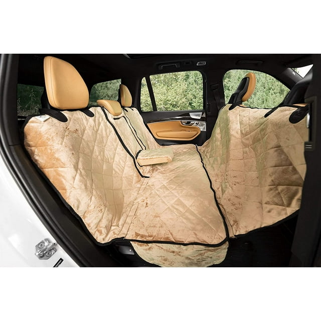 Plush Paws Products Velvet Convertible Rear Seat Cover | Durable Diamond Stitching | Washable & Waterproof Back Seat Cover | Car, Truck & SUV | Nonslip, Tear Resistant Protection | X-Large Desert Sand