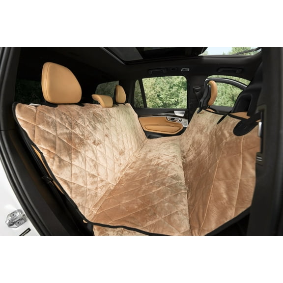 Plush Paws Products Velvet Rear Car Seat Protector w/ Hammock | Washable & Waterproof Back Seat Dog Cover for Car, Truck, & SUV | Nonslip, Tear Resistant Pet Seat Cover | Regular Desert Sand