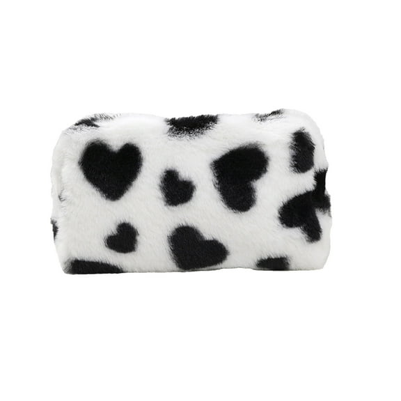 LanSuare Plush Pencilcase, Large Capacity Rectangle Design Pen Organizer with Heart Print, Woman Travel Grooming Pouch, Portable Storage for Brushes Pen