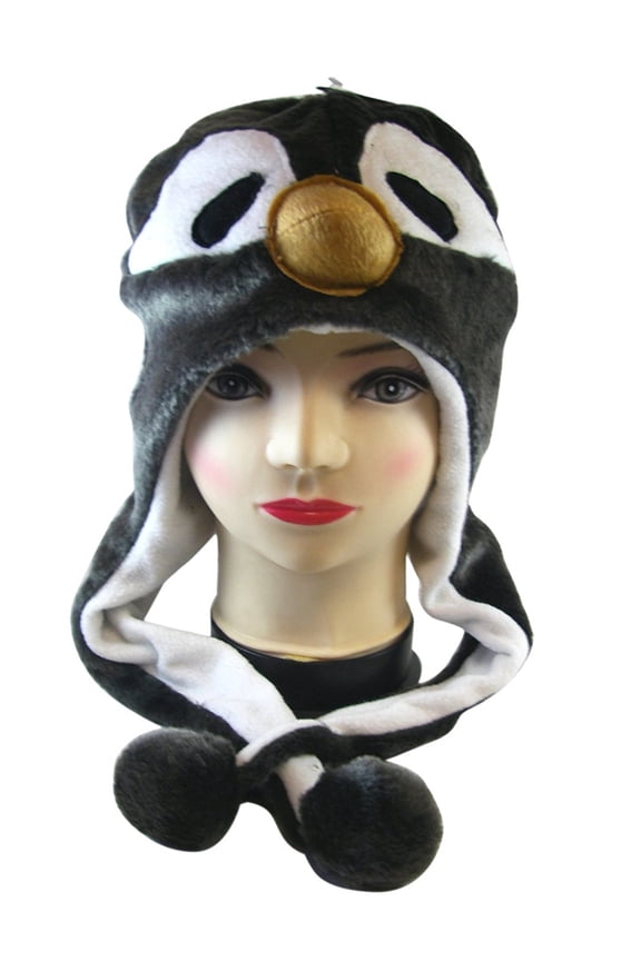 Plush Penguin Animal Hat - Penguin Hat with Ear Flaps and Poms