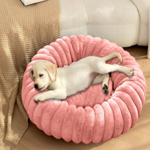 Plush Pet Bed, Round Dog Cat Bed with High Pile Fur, Machine Washable & Non-Slip Bottom, 16 Inches