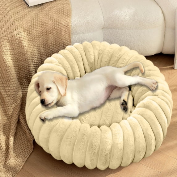 Plush Pet Bed, Round Dog Cat Bed with High Pile Fur, Machine Washable & Non-Slip Bottom, 16 Inches