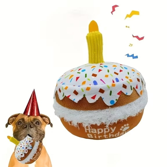 Plush Pet Birthday Cake Squeaky Toy - Interactive Dog and Cat Party Favor with Candles and Sprinkles, Durable Polyester, All Breeds Friendly