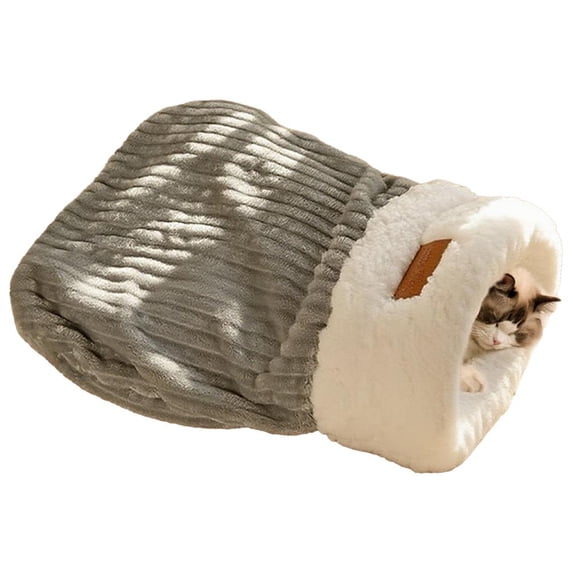 Plush Pet Sleeping Bag Bed for Indoor Cats and Small Puppies, 360 Windproof Warm Burrow Cave with Foldable Mat, Brown Grey 17.3x14.6 and 21.3x17.7 Inch for Travel Crate Car Seat