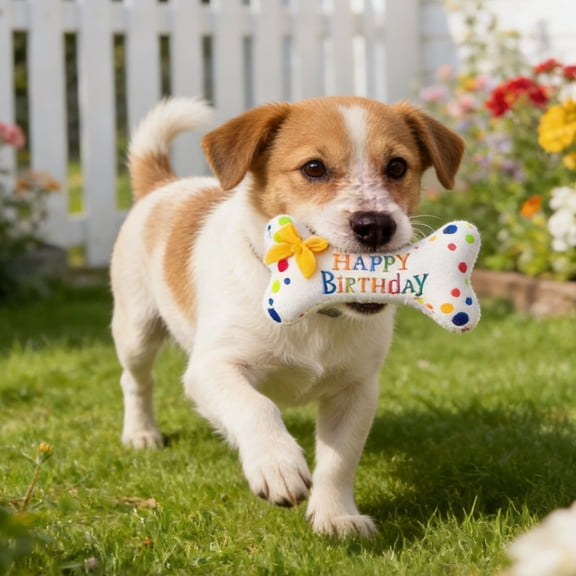 Plush Pet Toys, Birthday Dog Toys, Dog Birthday Gift, Plush Interactive Toys Figures, 7X4 Inch Squeaky Bone Style Stuffed Play Accessory for Pet Birthday Events, Durable Soft