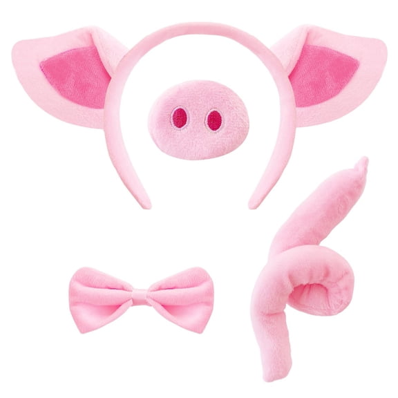 Plush Pig Headband and Tail Set with Bow Pig Costume Accessory for Halloween Dress Up Party Event Photo Booth Use
