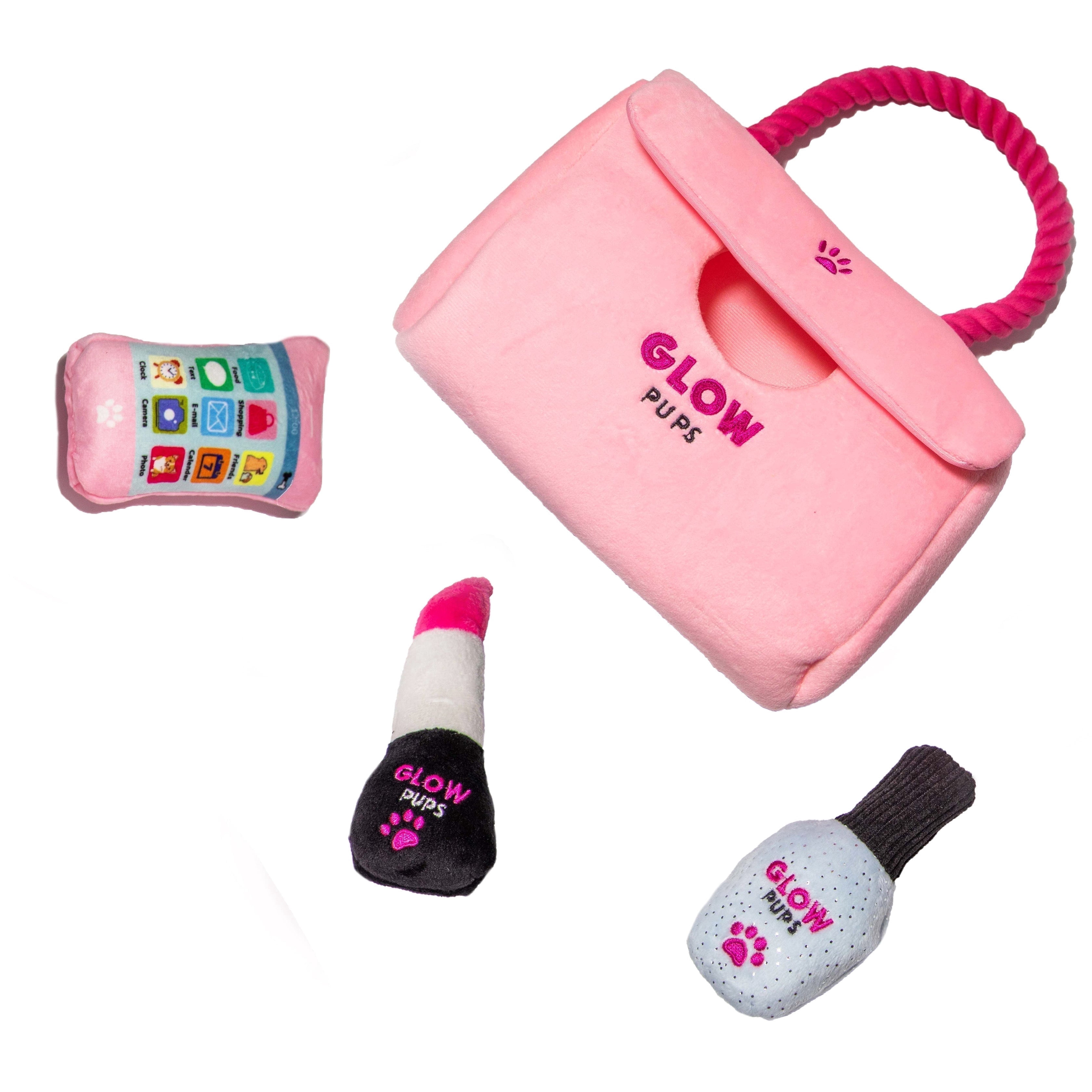 Glow Pups Washable Burrow & Hide and Seek Dog Toy with Plush Lipstick, Nail Polish and Cellphone, Pink Purse