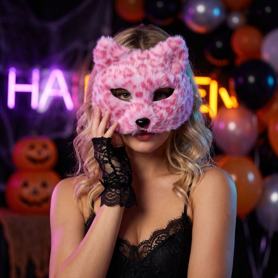 Plush Pink Leopard Cat Masquerade Mask, 7 Inch Soft Face Cover for Student Masquerade Party Halloween Event Themed Accessory, 1 Piece