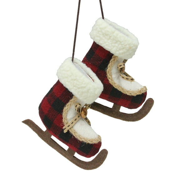 Plush Plaid Old Fashioned Ice Skates Christmas Ornament 4" (100mm)