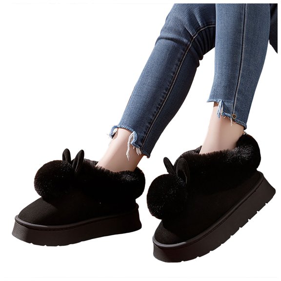Plush Platform Boots for Women Cute Rabbit House Slippers Winter Warm Furry Lined Casual Indoor Suede Booties Black Size 7.5