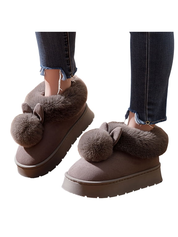 Plush Platform Boots for Women Cute Rabbit House Slippers Winter Warm Furry Lined Casual Indoor Suede Booties Grey Size 7.5