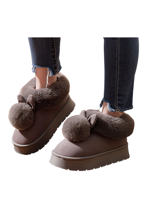 Plush Platform Boots for Women Cute Rabbit House Slippers Winter Warm Furry Lined Casual Indoor Suede Booties Grey Size 7.5
