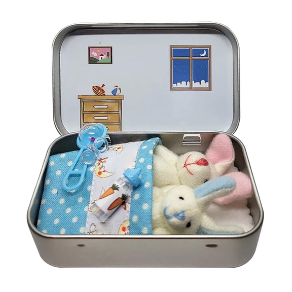 Plush Pocket Bunny in Tin Box for Kids, Mini Rabbit Toy Easter Basket Stuffer, 3.5in