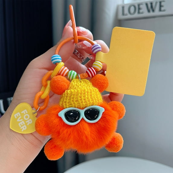 Plush Pompom Keychain for Bags and Backpacks, Soft Stuffed Animal Key Ring Accessory, Gentle Embroidery Detail for Daily Carry Use(I)