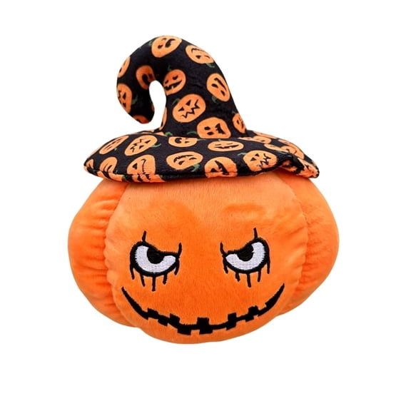 Plush Pumpkin Doll with Witch Hat Soft Stuffed Toy Ghost Face Decorative Plushie for Holiday Party Home Office Decor Gift