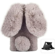 Plush Rabbit Case Compatible with Google Pixel 6,Fluffy Fuzzy Cute 3D Bunny Ears Soft Warm Case Faux Fur Shockproof TPU Back Cover with Bling Diamond Chic Bowknot,Grey