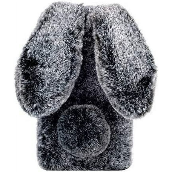Plush Rabbit Case Compatible with Google Pixel 6 Pro,Fluffy Fuzzy Cute 3D Bunny Ears Soft Warm Case Faux Fur Shockproof TPU Back Cover with Bling Diamond Chic Bowknot,Dark Grey