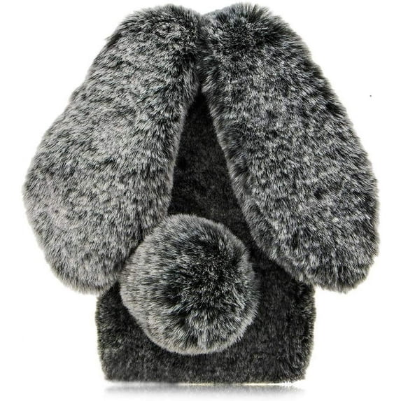 Plush Rabbit Case Compatible with Samsung Galaxy A23 5G/4G,Fluffy Fuzzy Cute 3D Bunny Ears Soft Warm Case Faux Fur Shockproof TPU Back Cover with Bling Diamond Chic Bowknot,Dark Grey